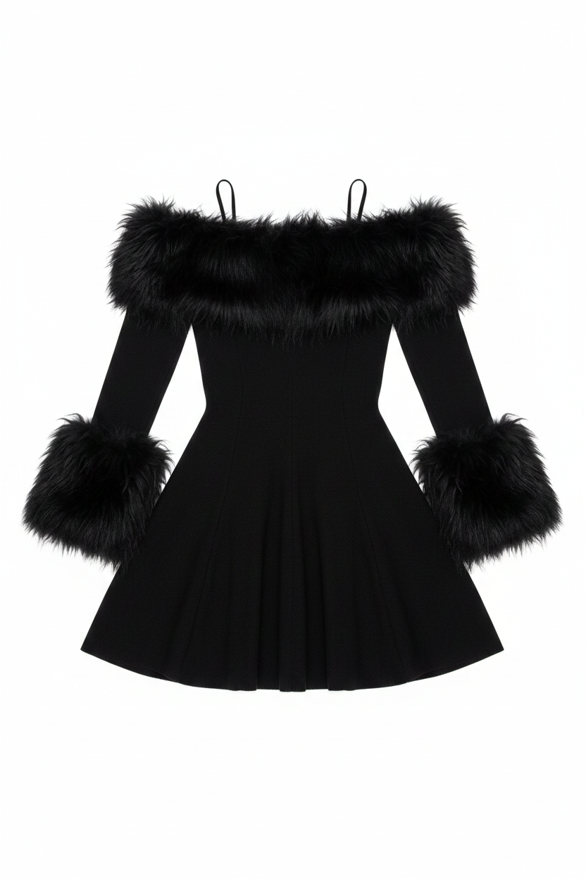 Fur Trim Gored Mini Dress